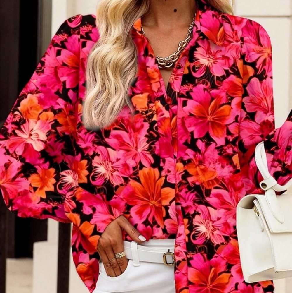 BTFBM Red Floral Print Button Down Blouse Vibrant Romantic Tropical Career XL